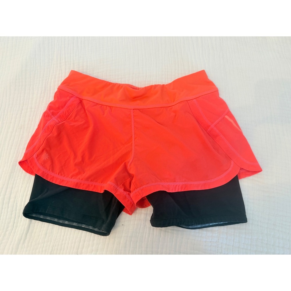 Athleta Womens Medium 2-in-1 Running Shorts Neon Coral Black Compression Liner